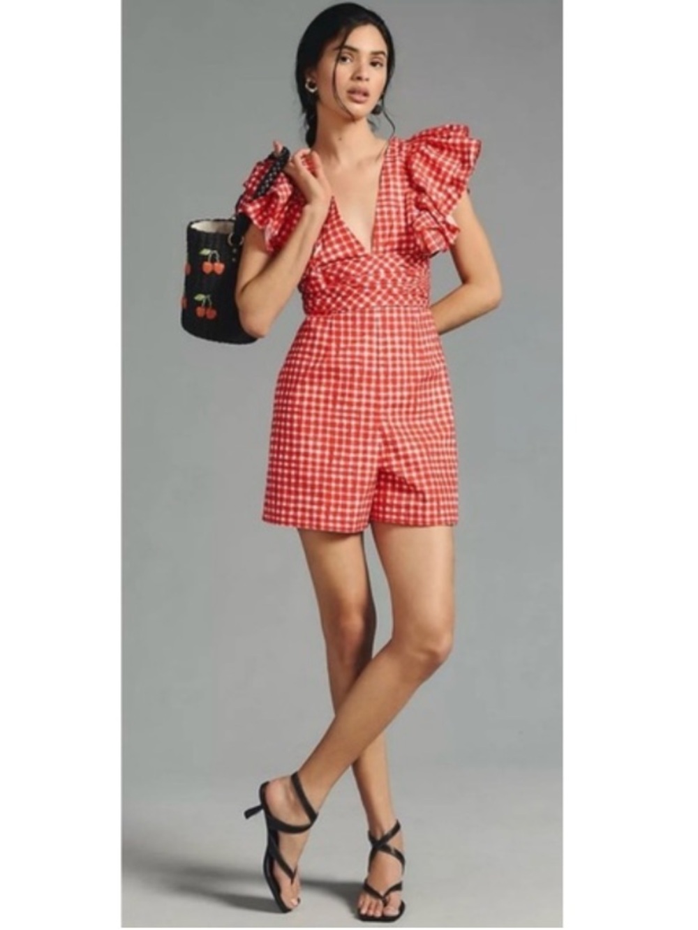 Anthropologie Hutch Gingham Plaid V-Neck Ruffle Sleeve Romper Preppy Red 4